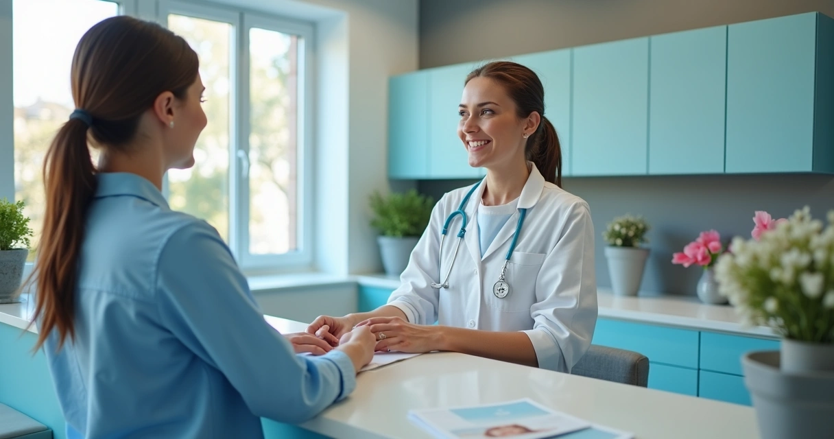 Recepcionista de clínica odontológica recebendo paciente com sala equipada ao fundo