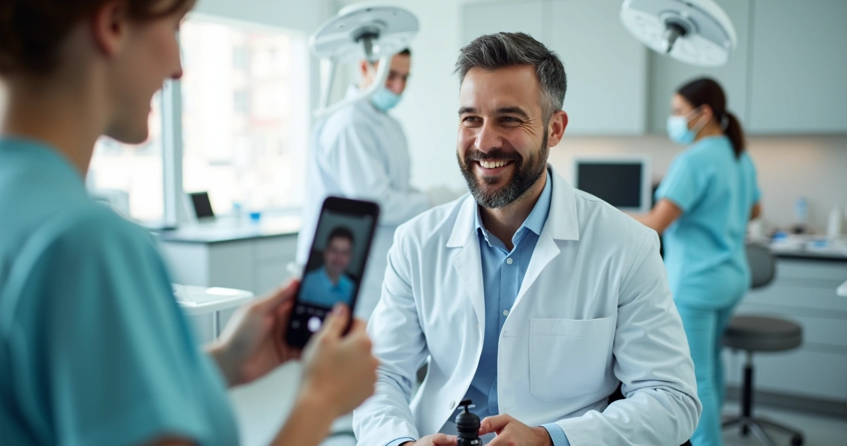 Dentista mostrando bastidores da clínica
