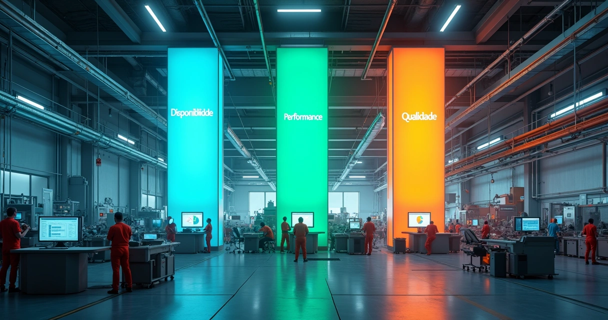 Três pilares do OEE representados visualmente em fábrica 