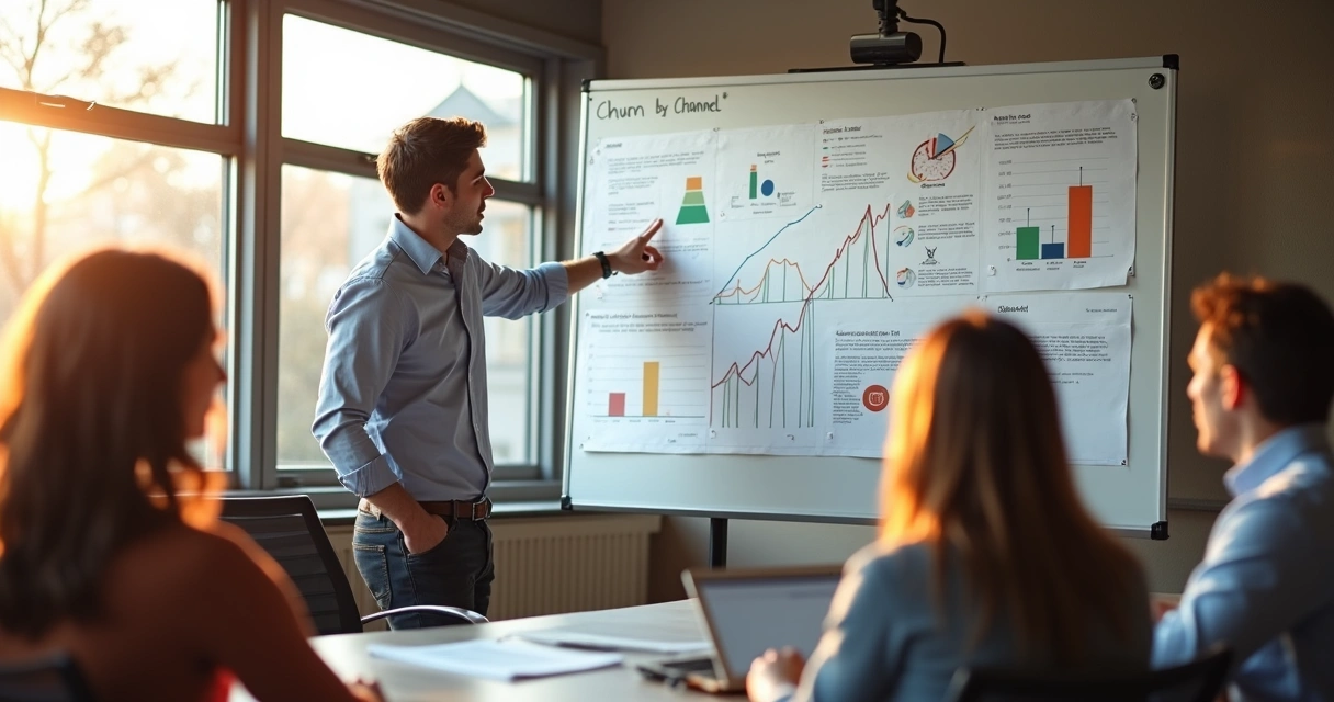 Equipe de marketing ajustando oferta para público certo em reunião com quadros e gráficos