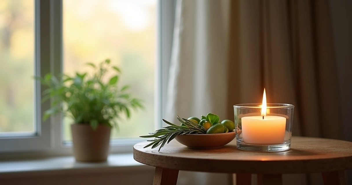 Altar doméstico com vela pequena, folhas verdes e recipiente cerâmico 