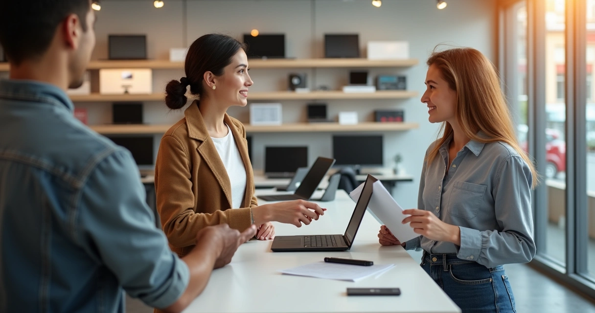 Duas vendedoras conversando com cliente em loja de tecnologia, apontando para dois modelos de notebook.