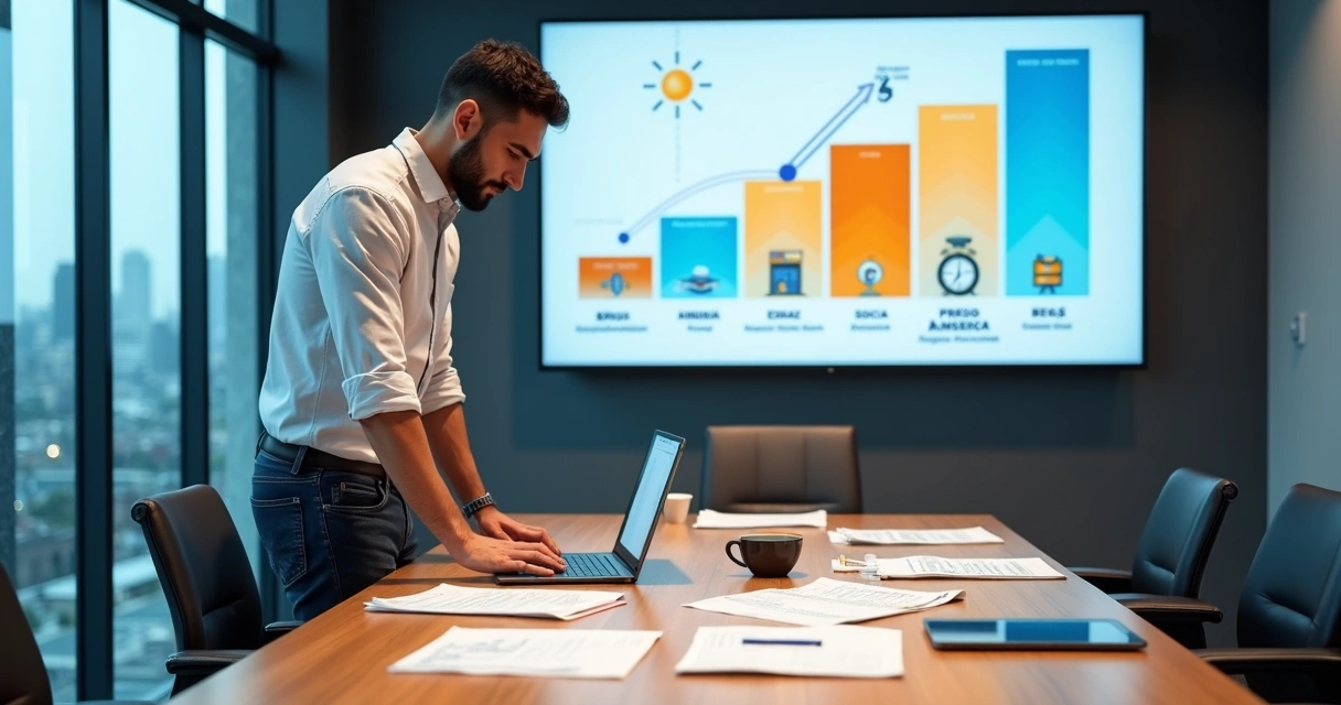 Empresário montando oferta de alto valor com gráficos e elementos de marketing na mesa 