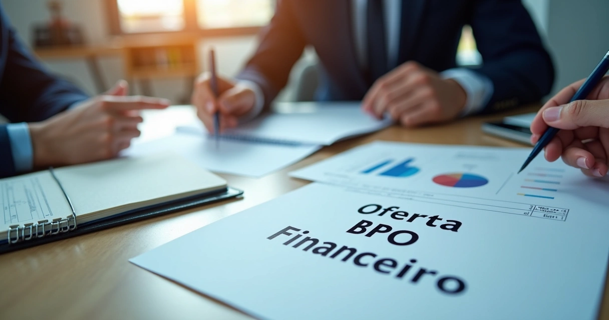 Mesa de reunião com contrato e caderno mostrando estratégias de oferta BPO financeiro. 