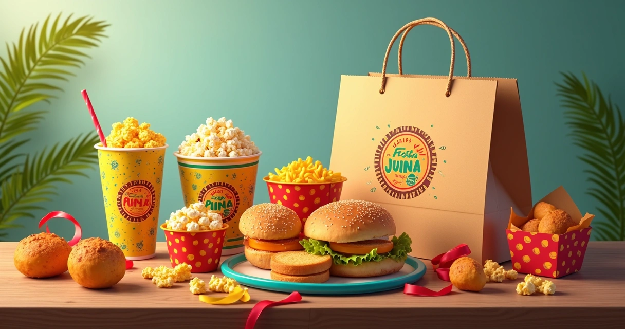 Combo de delivery com embalagens temáticas de festa junina 