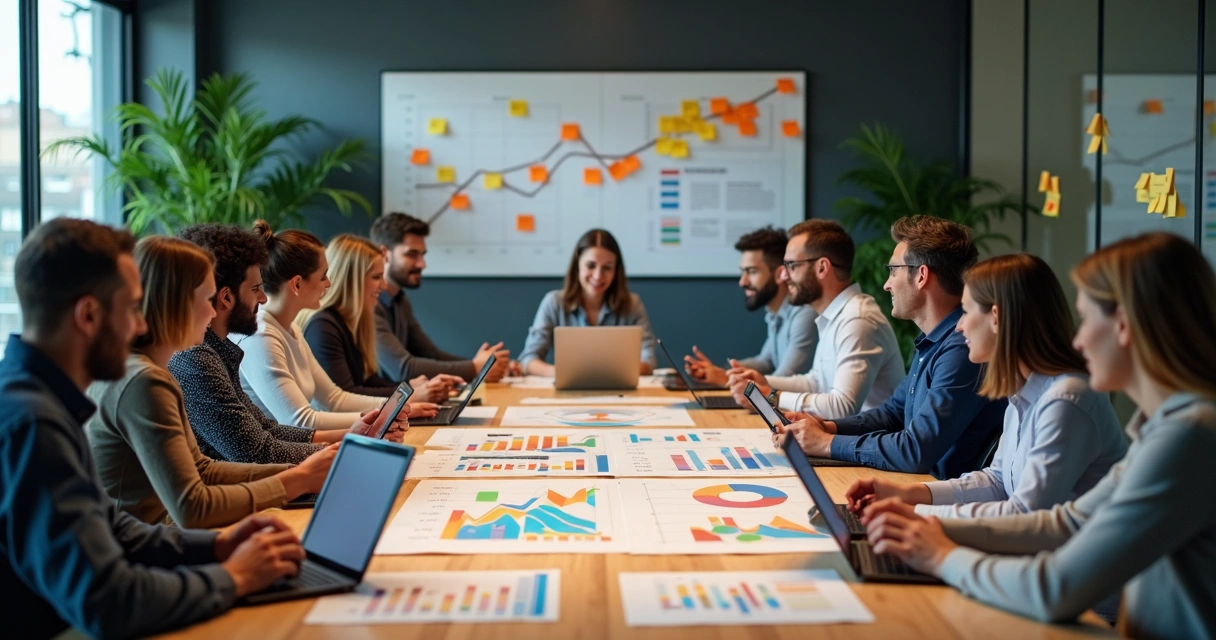 Reunião de equipe analisando protótipos digitais em sala moderna
