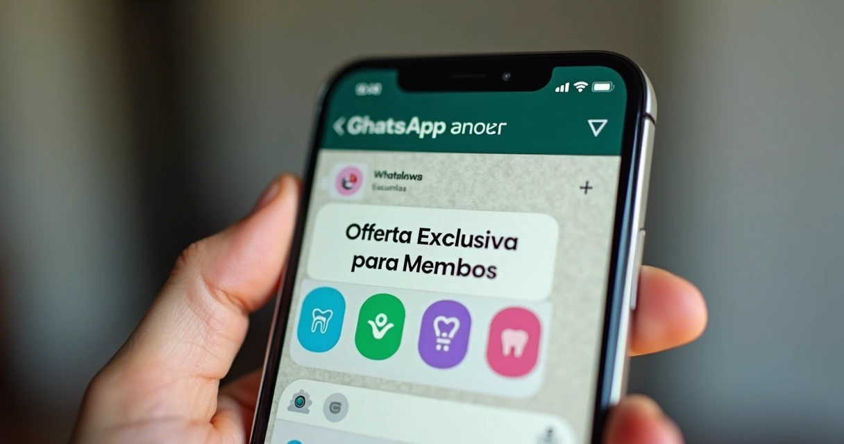 Celular mostrando mensagem de oferta especial em grupo de WhatsApp. 