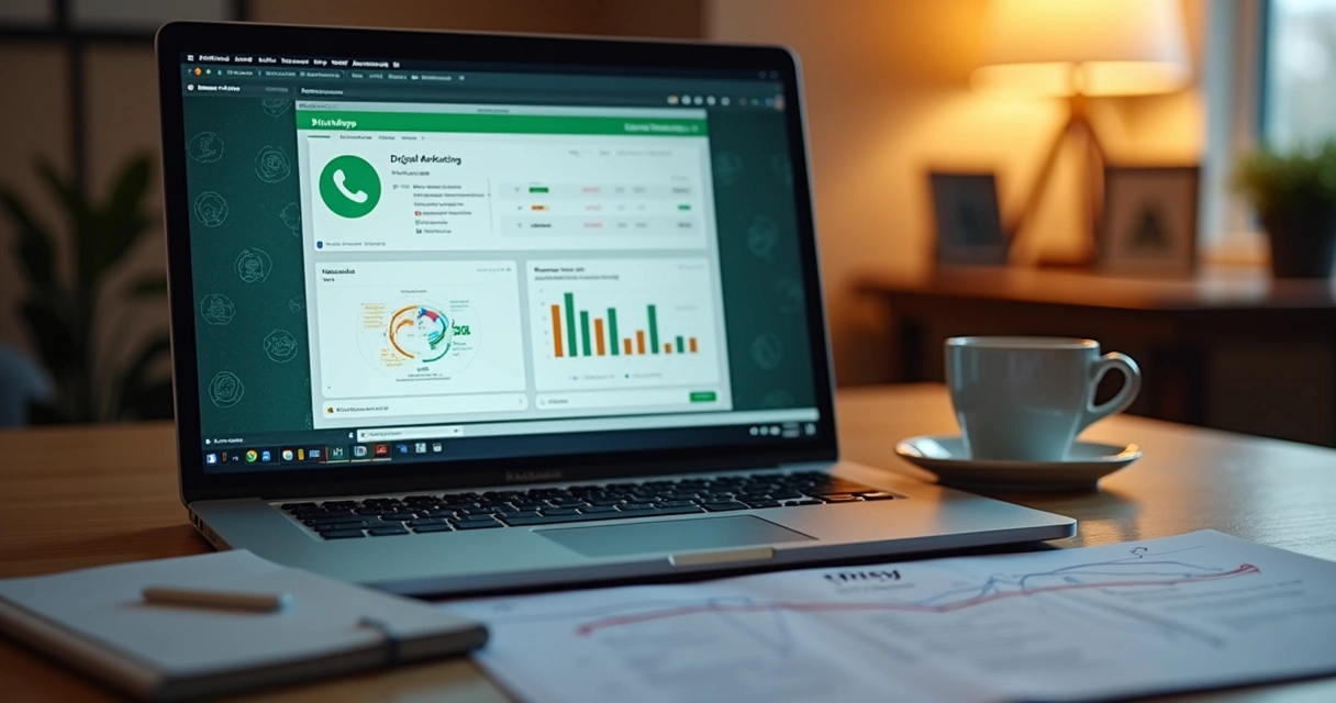 Mensagem de oferta de estratégia digital no WhatsApp em tela de notebook 