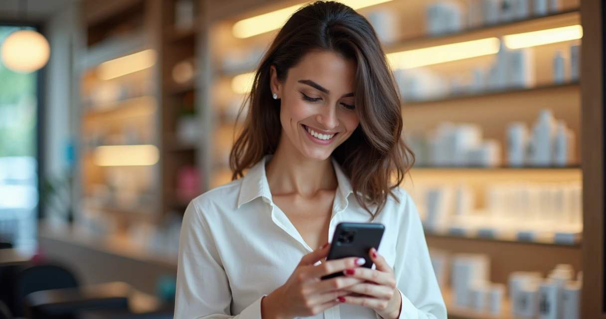 Cliente feliz recebendo oferta exclusiva por e-mail no salão de beleza 