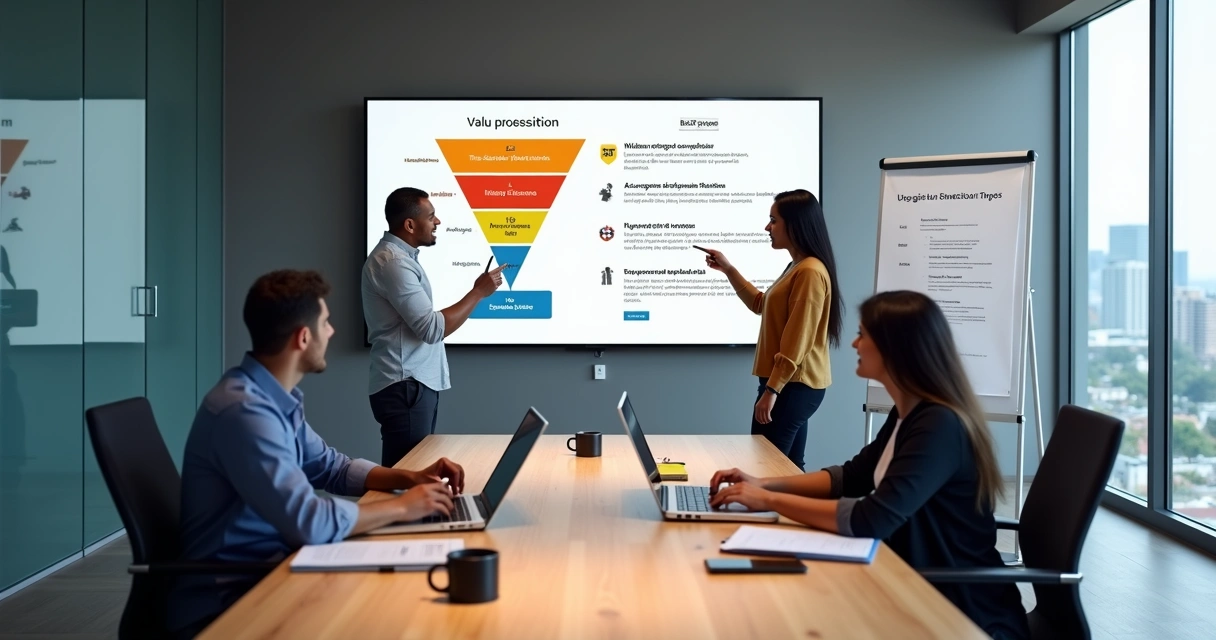 Donos de agência analisando oferta B2B em tela grande com funil de vendas destacado 