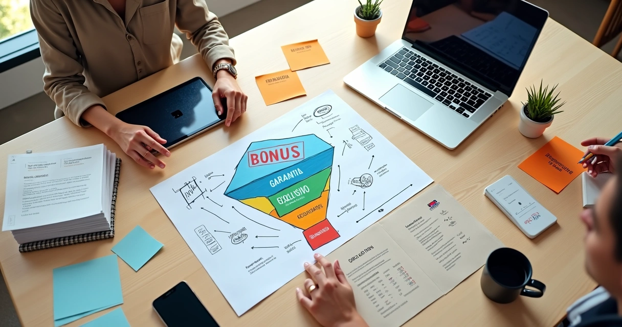 Mesa com profissional organizando cartões coloridos de oferta e funil de vendas 