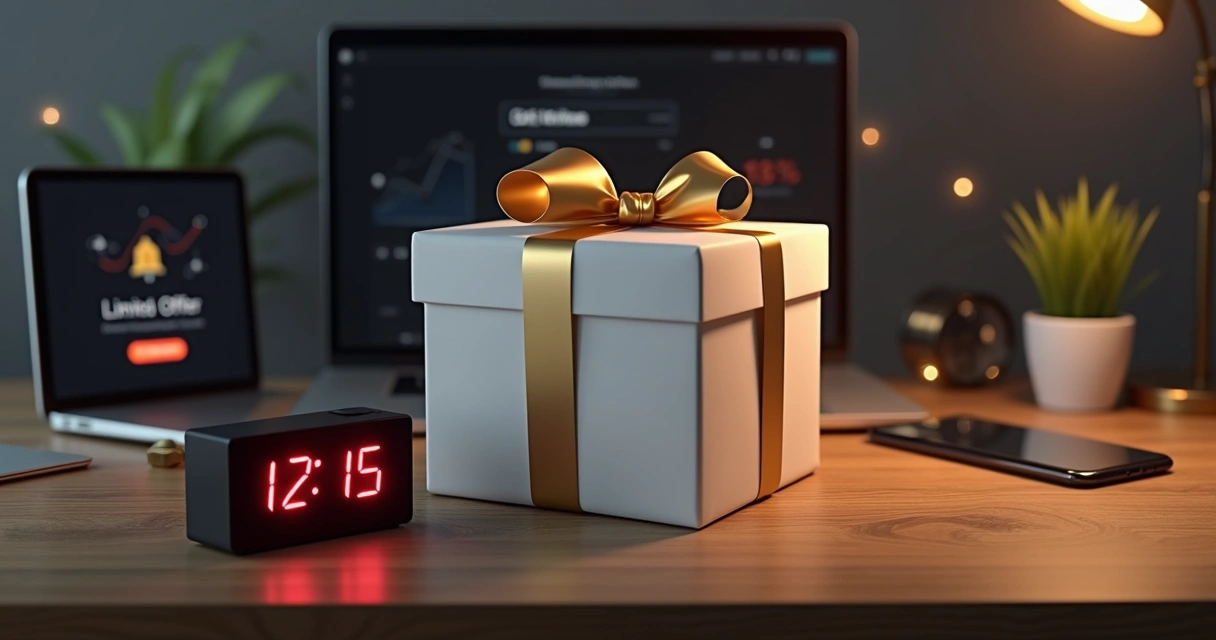 Mesa com presente dourado e cronômetro digital destacando oferta por tempo limitado 
