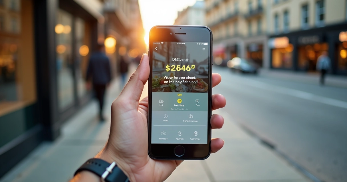 Celular com oferta local de delivery em bairro urbano