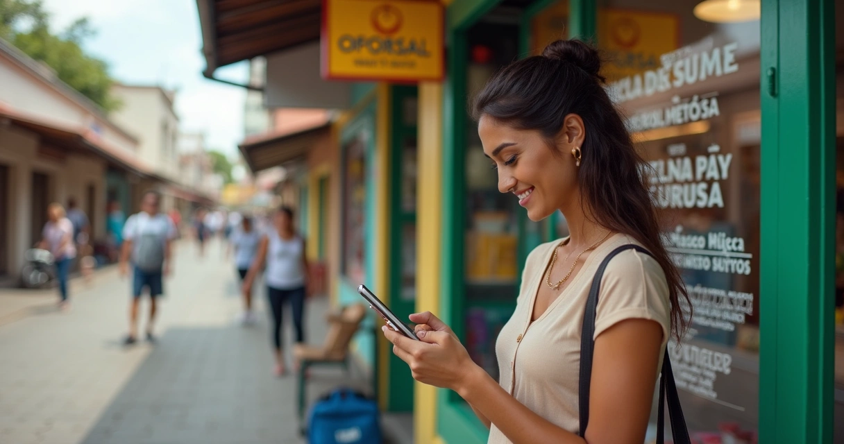 Pessoa recebendo notificação de oferta local no celular em frente a loja