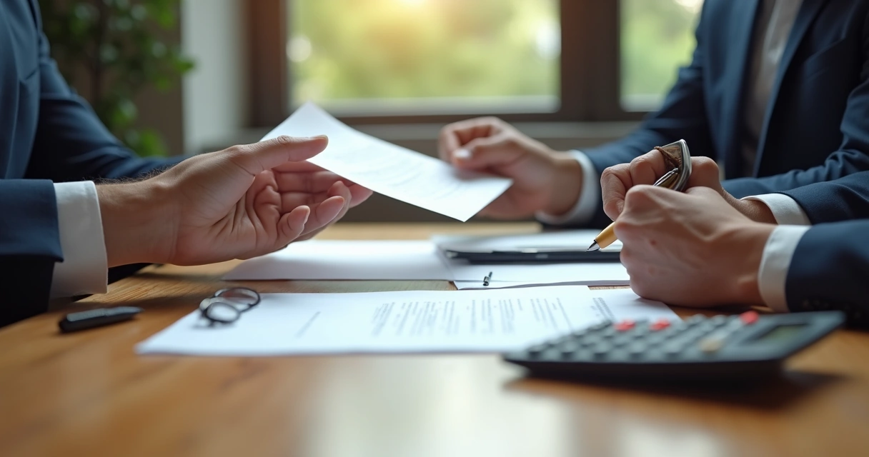 Pessoa negociando e apresentando uma proposta com elementos de contratos e valores na mesa 
