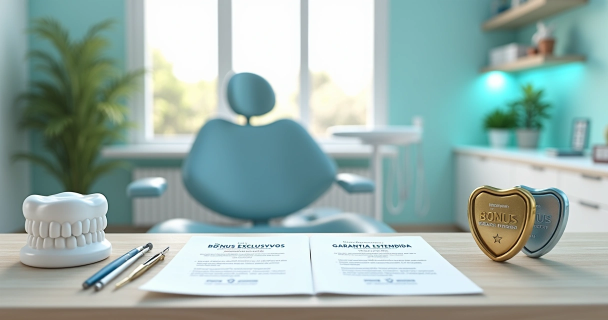 Mesa com materiais odontológicos, contrato e selos de bônus e garantia 