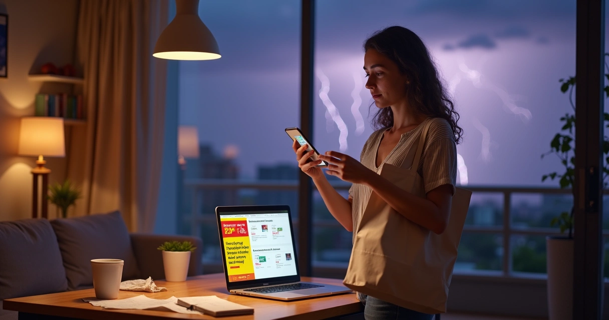Consumidora analisa oferta relâmpago em smartphone evitando armadilha de compra 