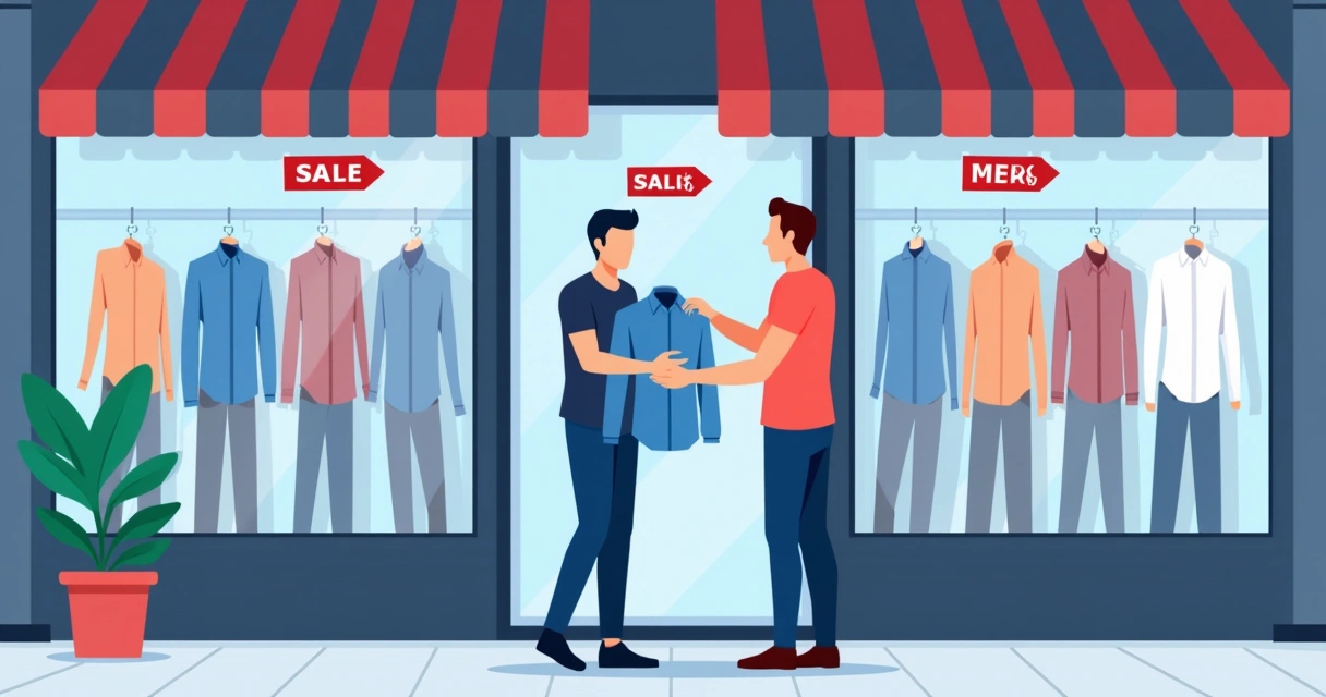 Vitrine com roupas masculinas em promoção e homem analisando peça 