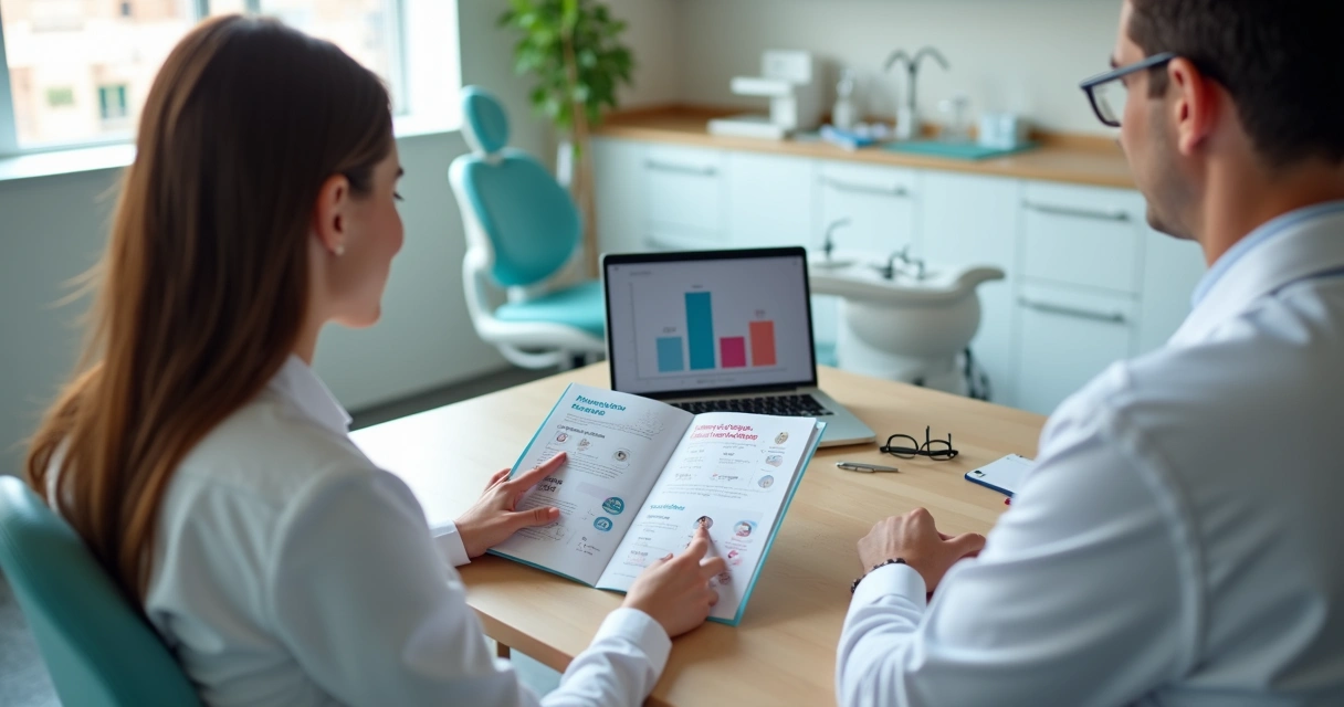 Dentista mostra pacote de tratamento odontológico impresso para paciente com ilos gráficos de benefícios 