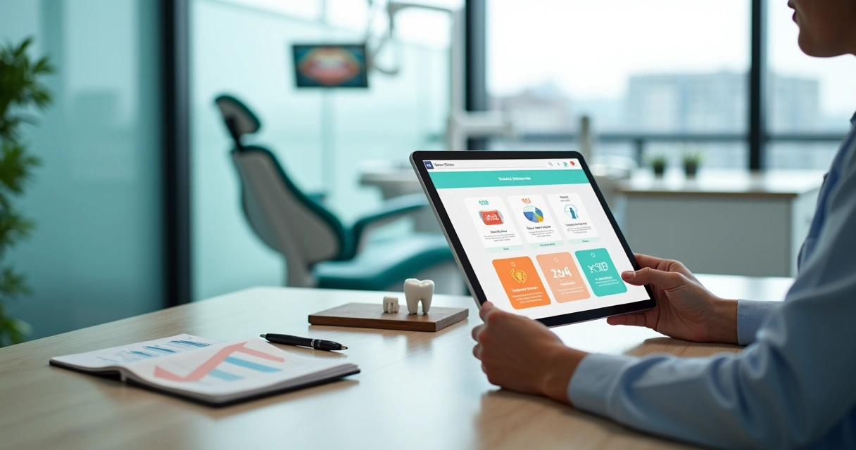 Dentista mostrando no tablet diferentes tipos de ofertas estratégicas para paciente em consultório moderno 