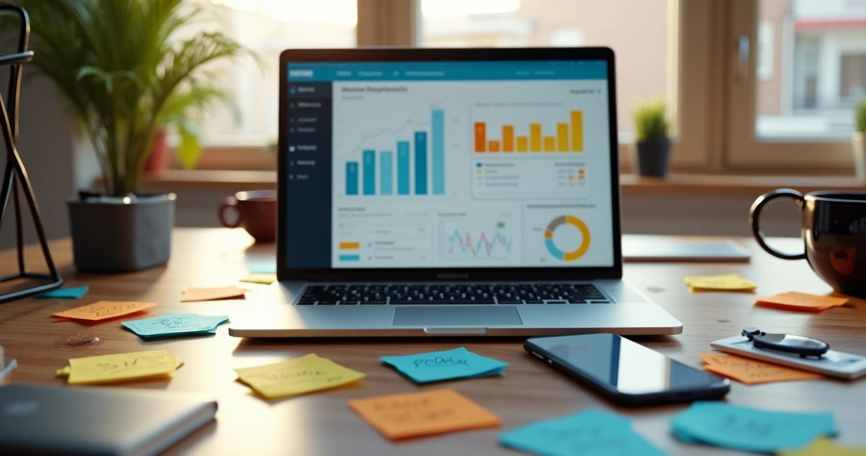 Mesa de trabalho com laptop, smartphone e notas adesivas coloridas sobre oferta digital 