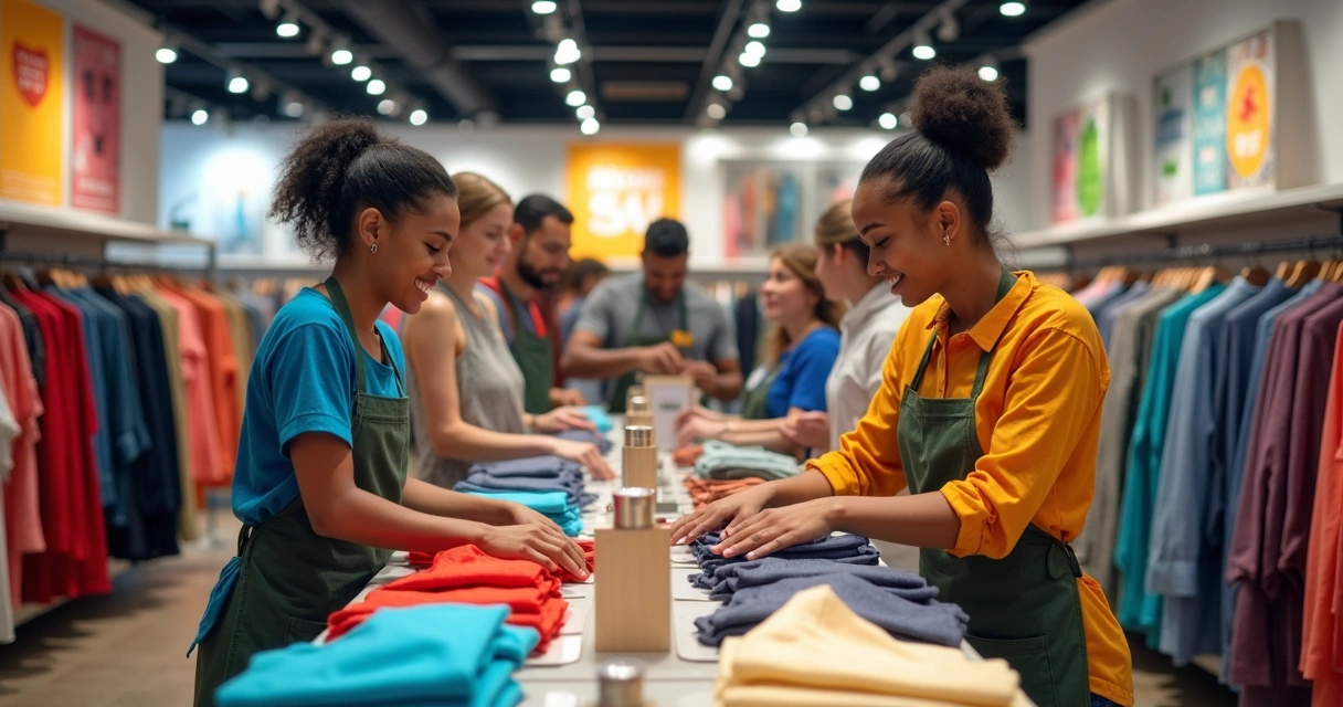 Equipe em loja física organizando exposição de produtos em loja de roupas