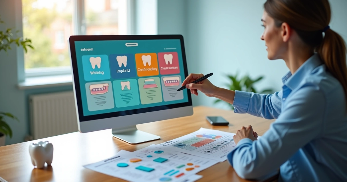 Dentista analisando painel colorido com diferentes ofertas odontológicas personalizadas 