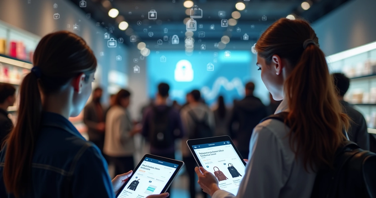 Vários clientes avaliando ofertas personalizadas em tablets 