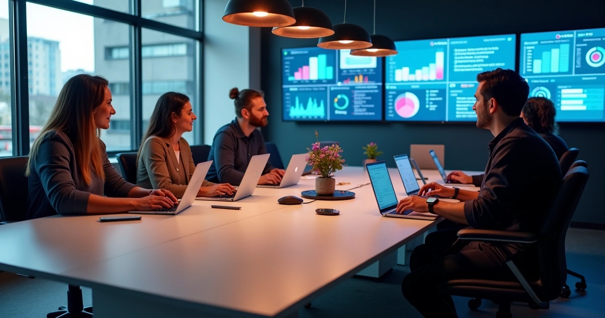 Equipe analisando dados de feedback em telas grandes