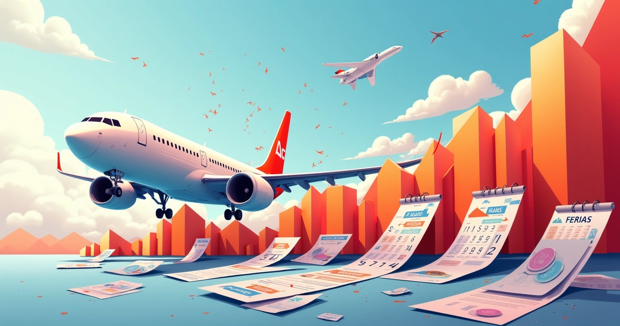 Gráfico fluindo com preços de passagens aéreas caindo e avião em destaque