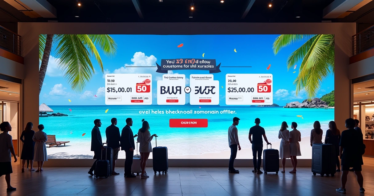 Placa digital de ofertas de viagens para Black Friday com valores em destaque 