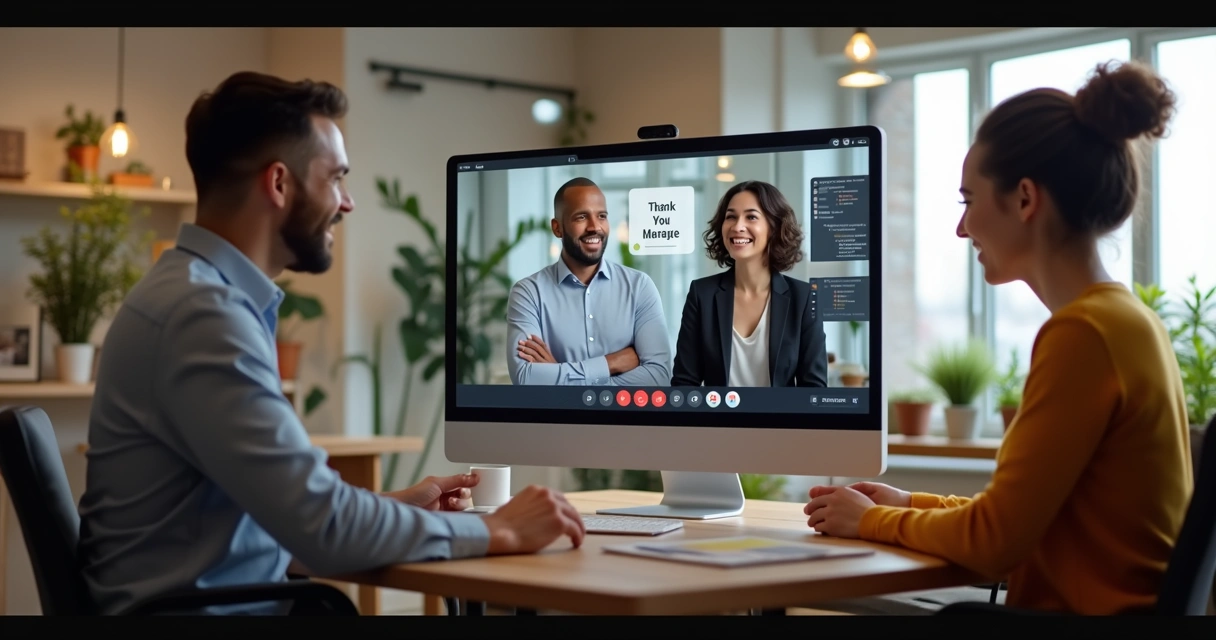 Reunião virtual com gestor, colaborador e equipe de RH, em clima amigável 