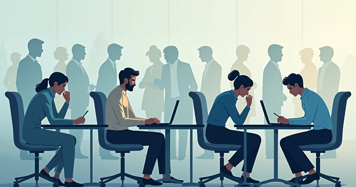 Illustration of office workers in cubicles, some showing anxious body language, with subtle lines connecting them to older, faded images of people in similar poses in the background.