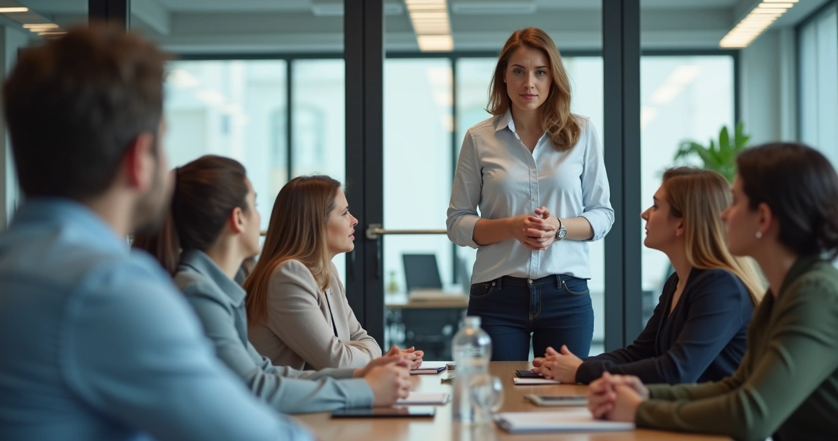 Professional apologizing to a team in office, others listening and nodding, visible reflection and acceptance 