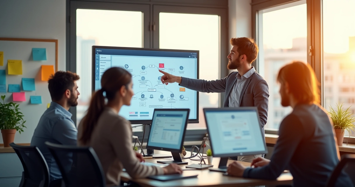 Small business office with people setting up automation on computers