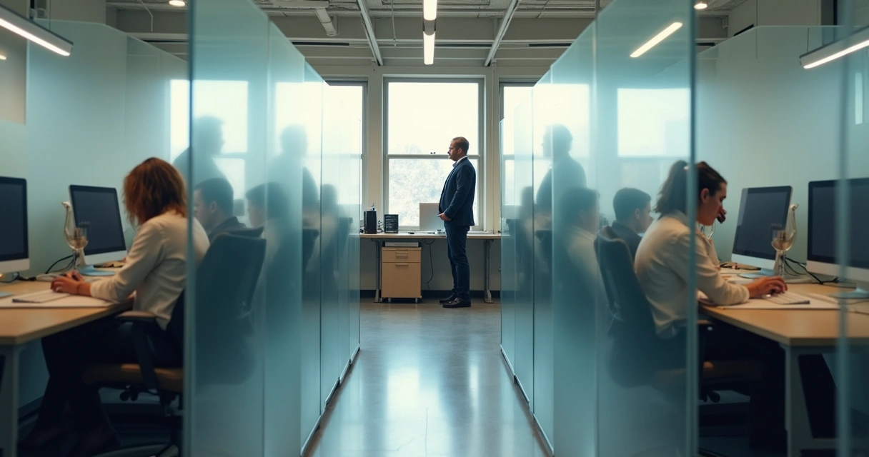 Interior office with diverse employees separated by invisible walls 