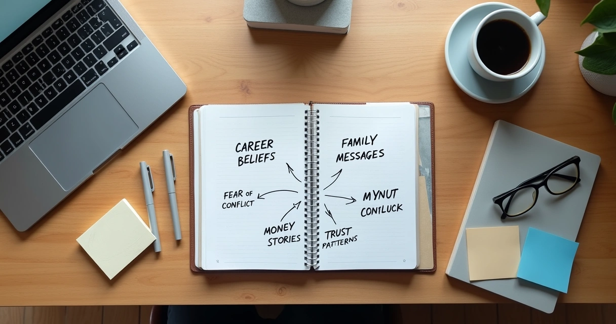 Notebook with belief map beside laptop in office 