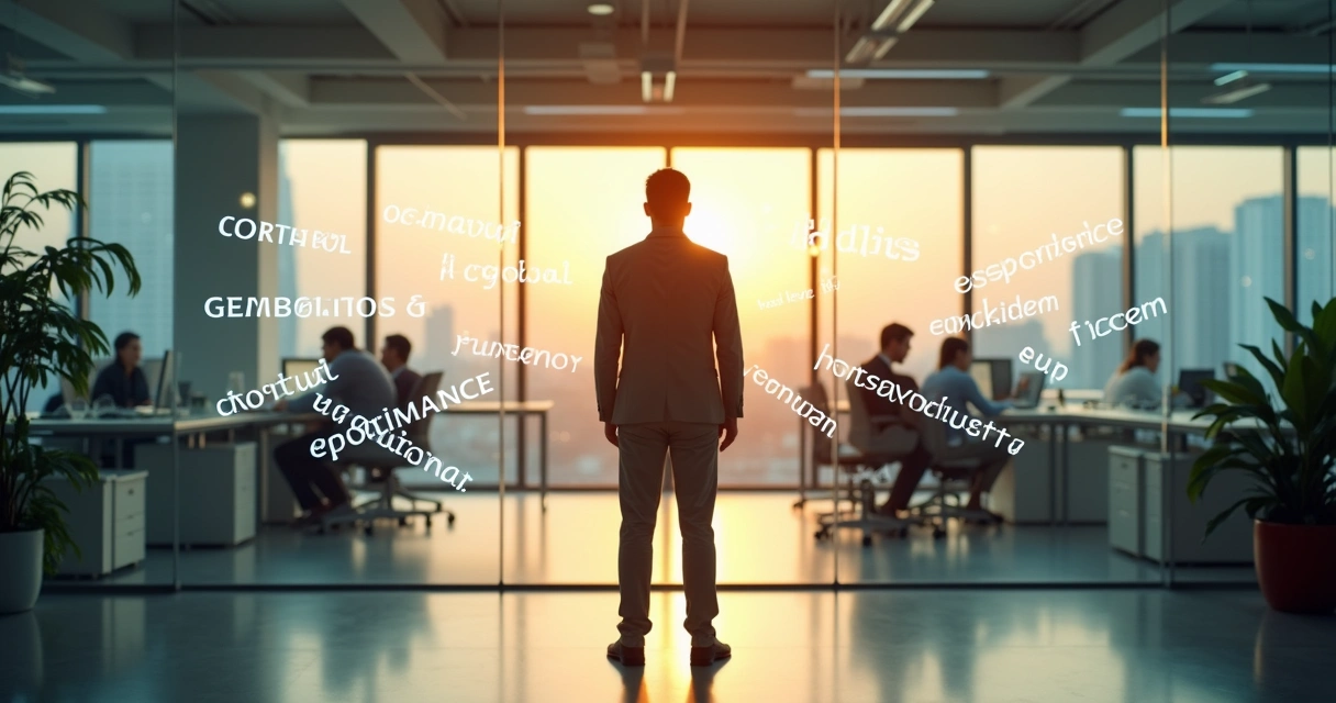 Business person in modern office surrounded by floating words around a transparent wall 