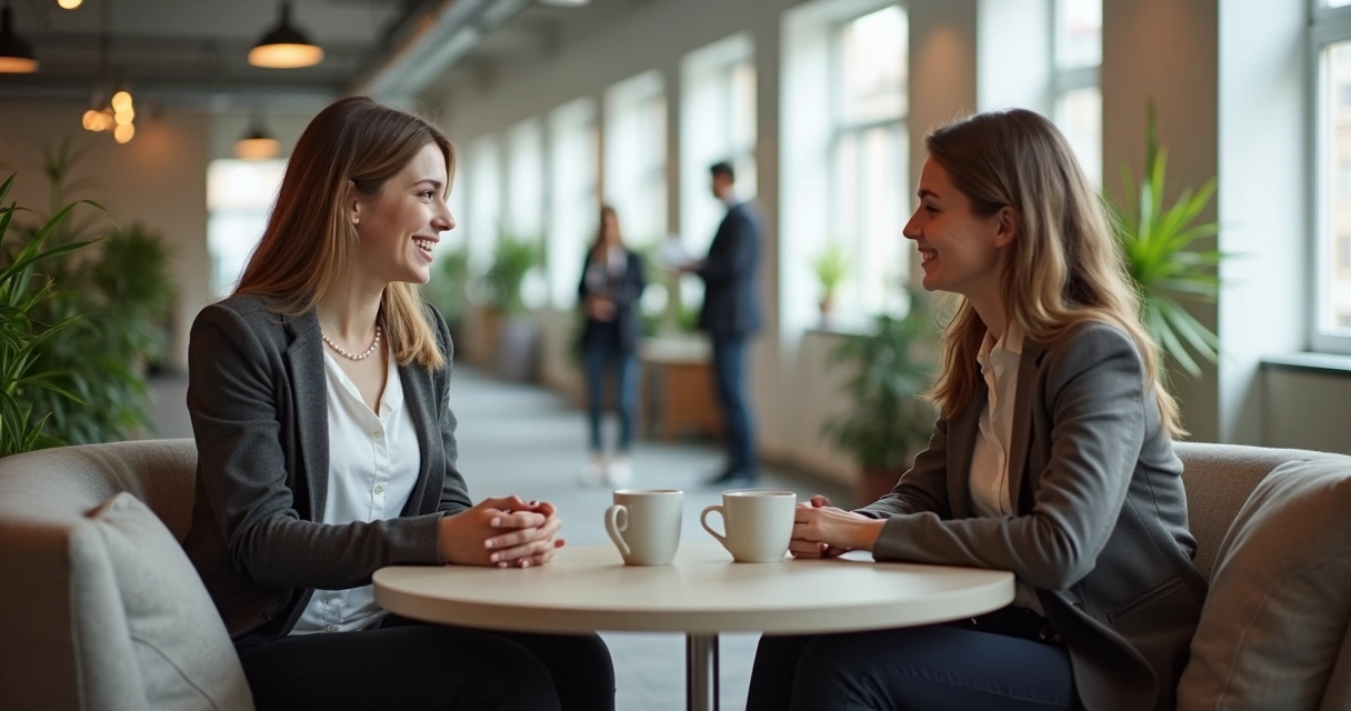 Two coworkers talking during onboarding break in office 