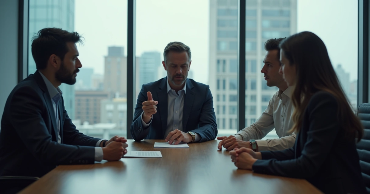 Team in meeting with blaming gestures, obvious tension, modern office background