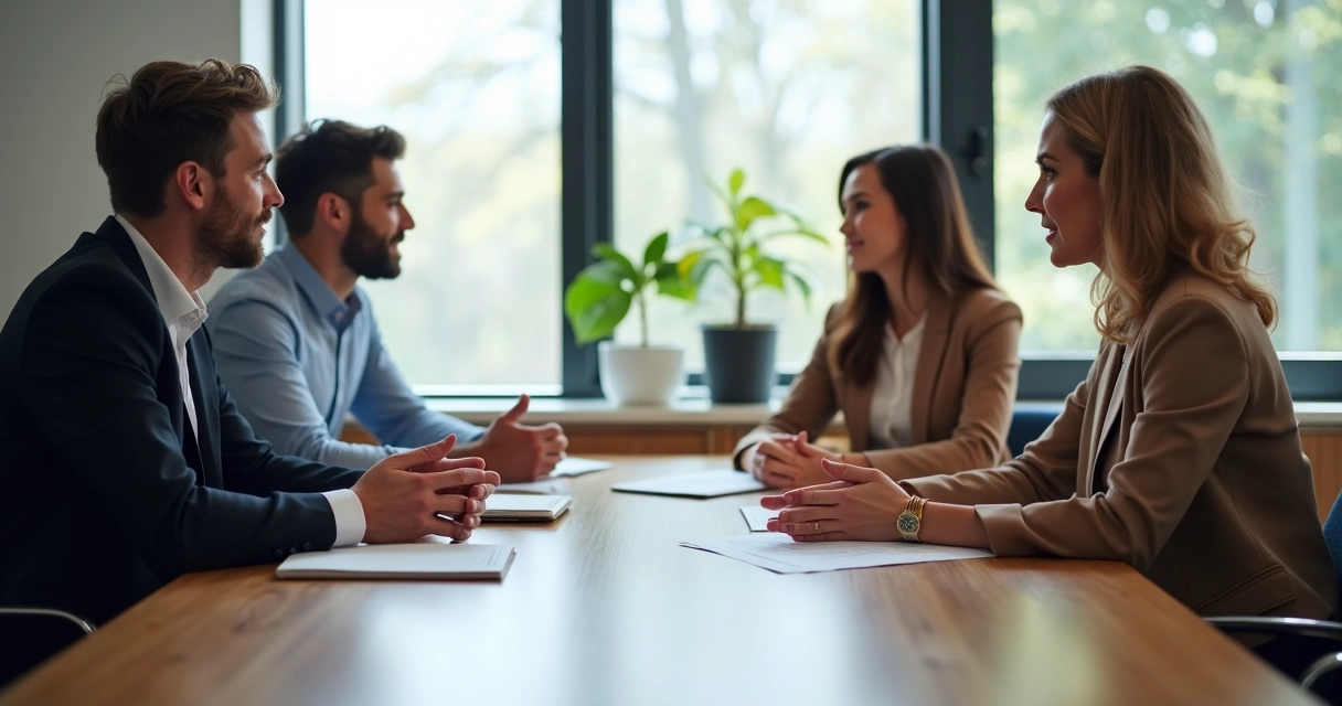 Group of colleagues in an office, engaged in conversation, showing open posture and relaxed gestures 