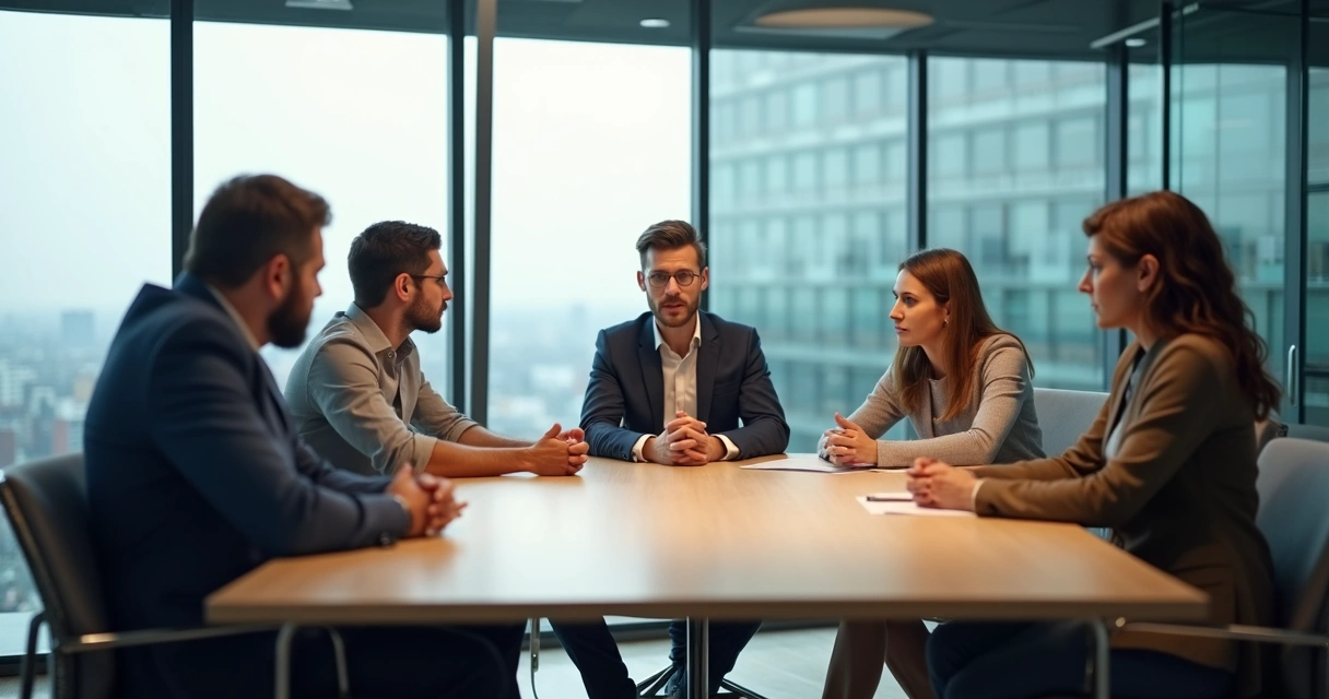 Team in office meeting showing subtle body language cues around table 