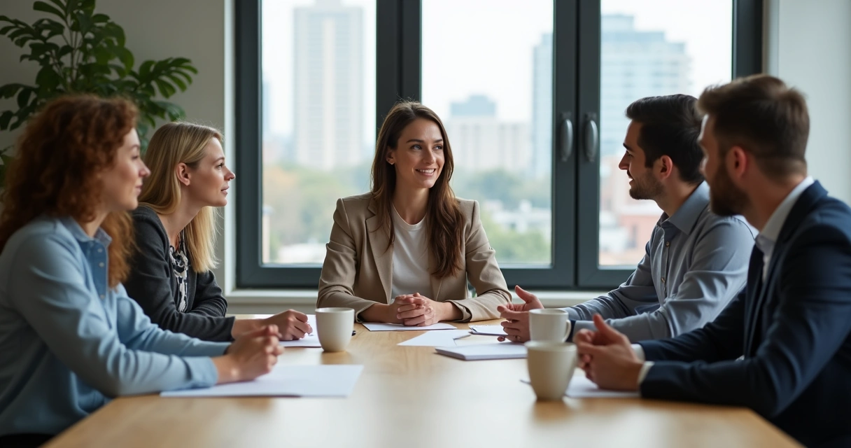 Colleagues discussing personal boundaries at work with calm expressions, seated around a light wooden table 