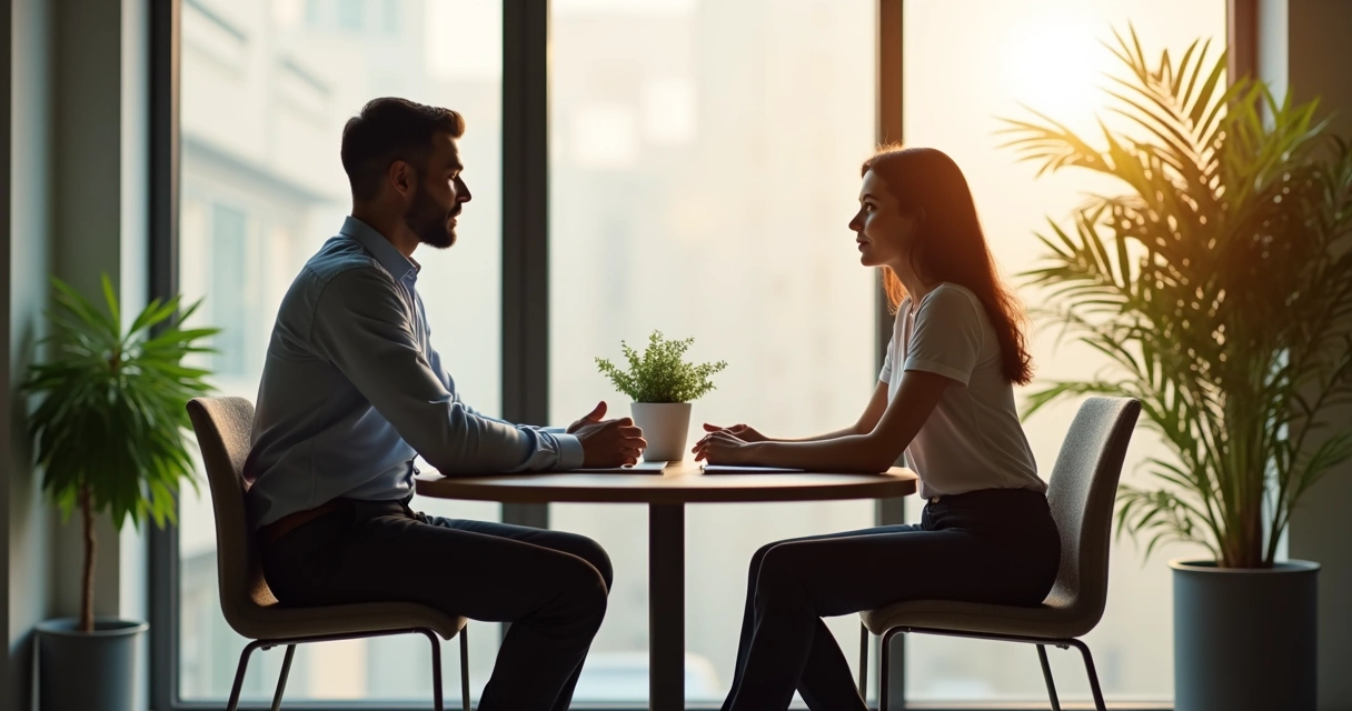Two colleagues having an honest conversation in a bright office
