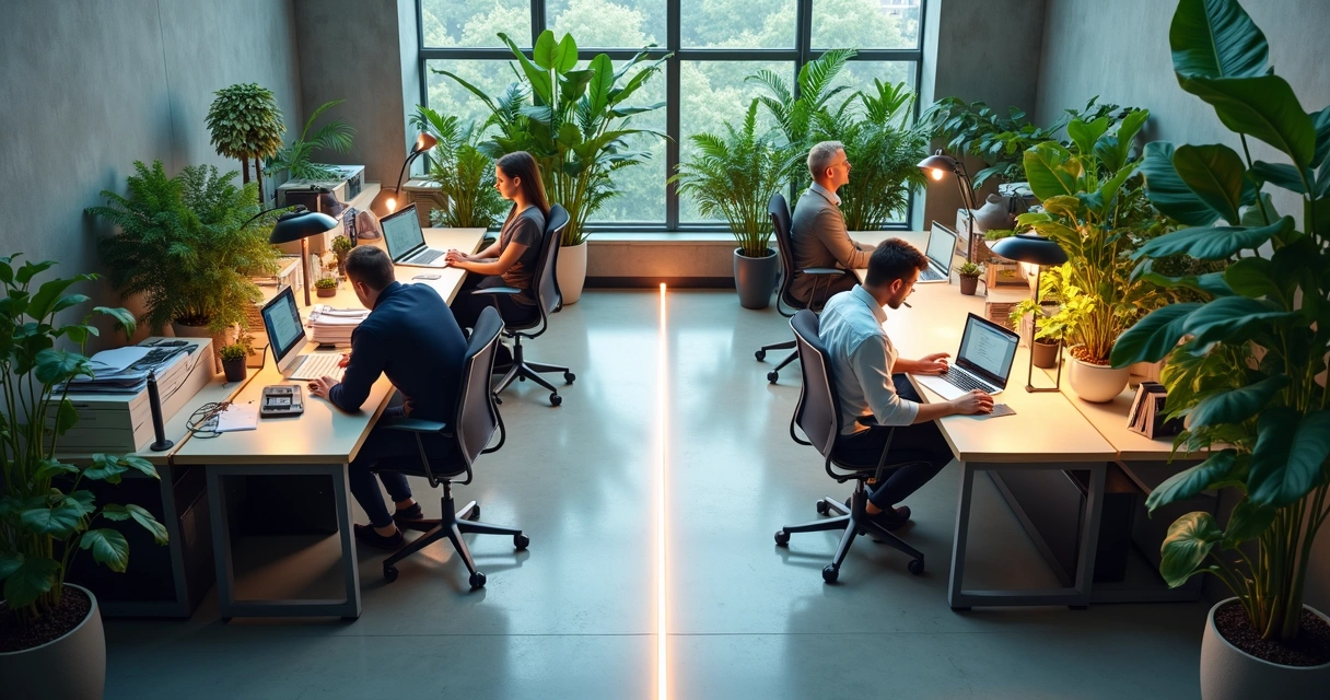 Modern office floor split between chaotic desks and a calm green zone marked by a glowing boundary line 