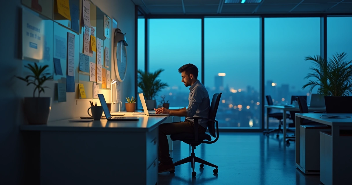 Employee reflecting at desk after hours 
