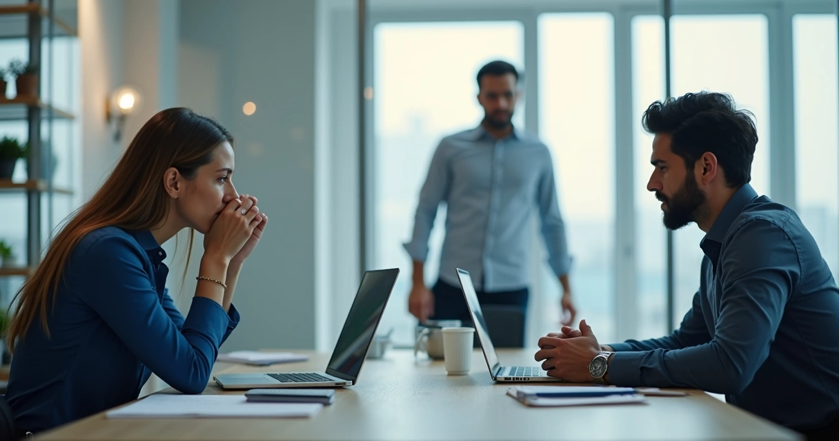 Coworkers in an office with one person feeling pressure during a boundary conversation 
