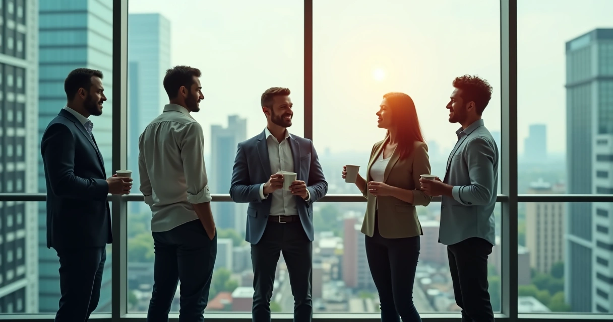 Coworkers taking a break in an office, gathered around a window with outside city view. 