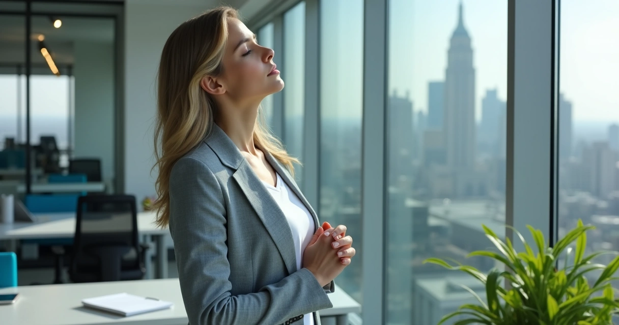 Colleague taking mindful break by window in office 