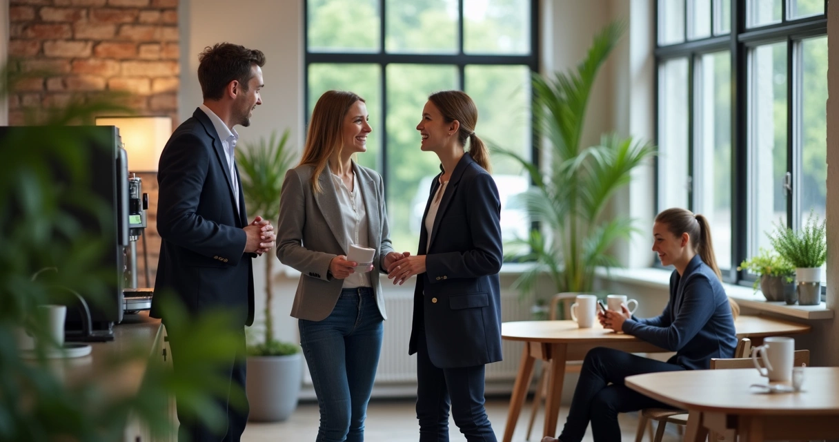 Coworkers chatting near a coffee machine in a bright office break room 